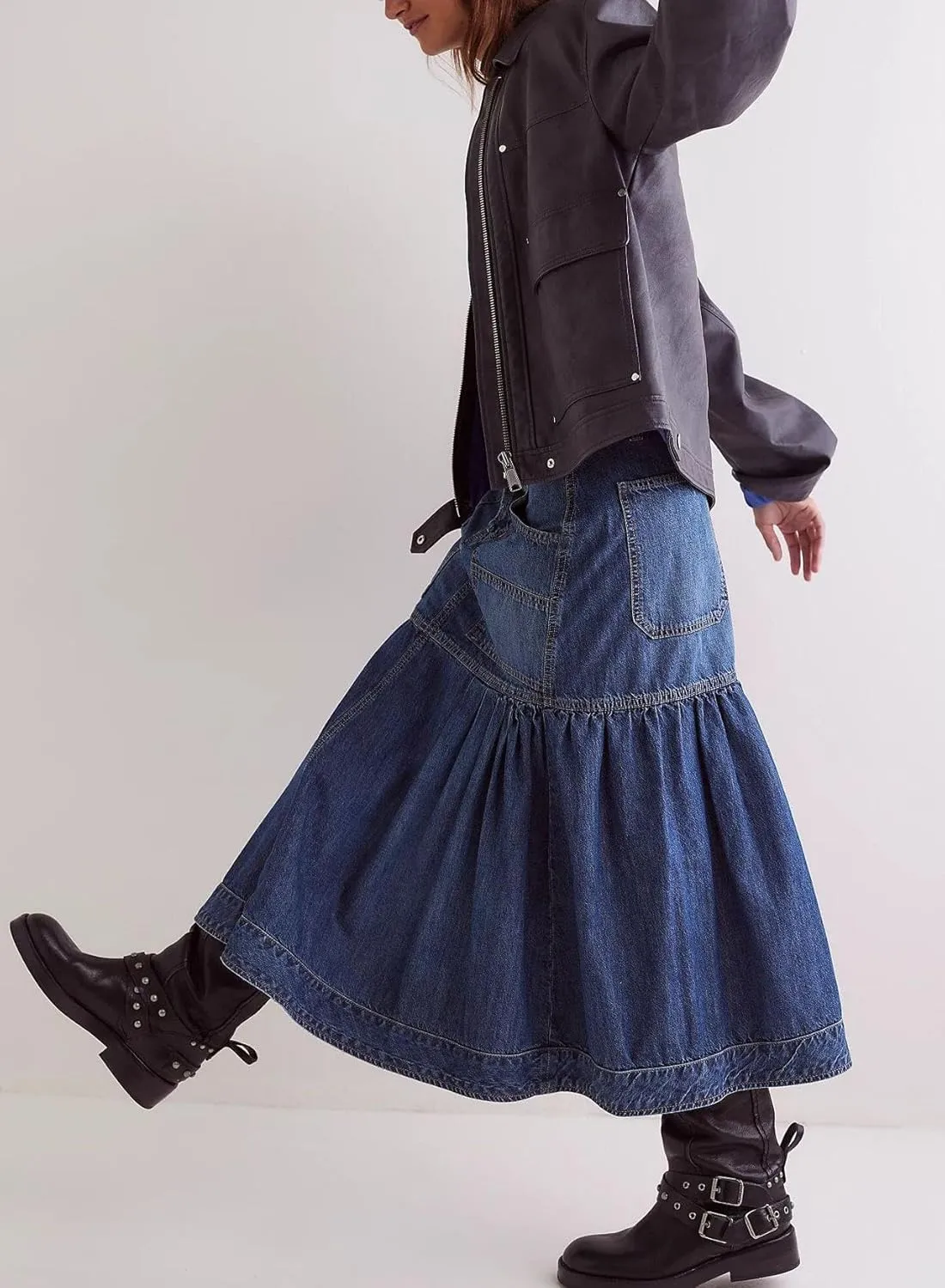 yoeasy Women's Casual Vintage High Waist Denim Maxi Skirts Button Pleated Flowy Swing A Line Long Jean Skirts
