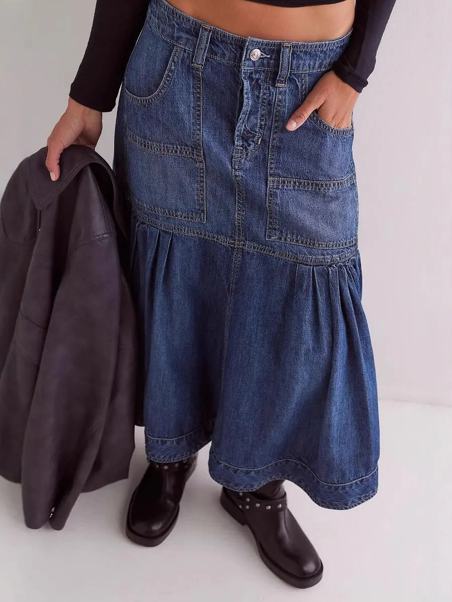 yoeasy Women's Casual Vintage High Waist Denim Maxi Skirts Button Pleated Flowy Swing A Line Long Jean Skirts