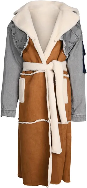 yoeasy Women's Color Block Lapel Sherpa Lined Long Jacket Belt Denim Splicing Coats With Pockets