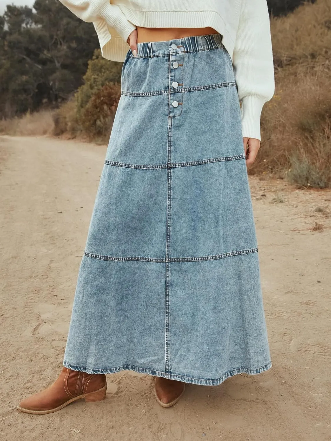 yoeasy Women's Denim Maxi Skirt Button Casual Boho Flowy Tiered Swing Vintage A-Line Jean Midi Long Skirt