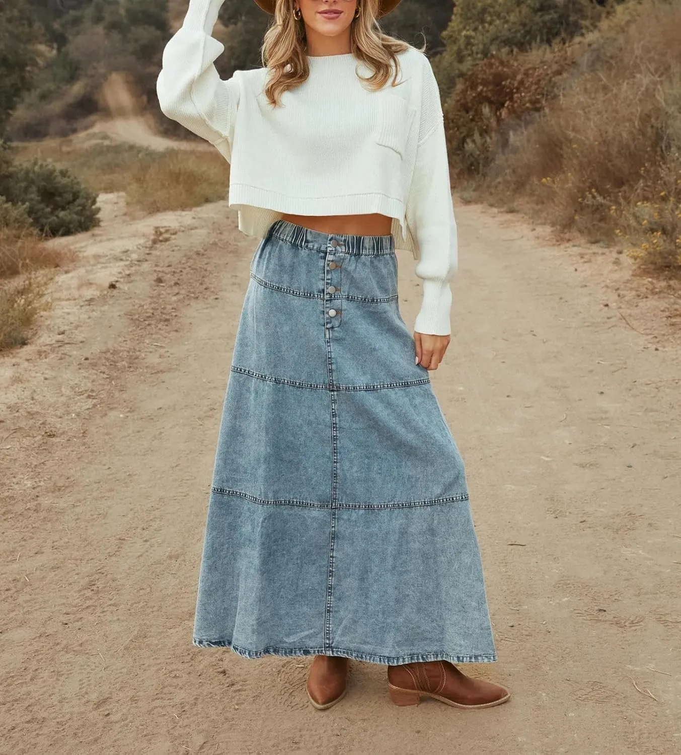 yoeasy Women's Denim Maxi Skirt Button Casual Boho Flowy Tiered Swing Vintage A-Line Jean Midi Long Skirt