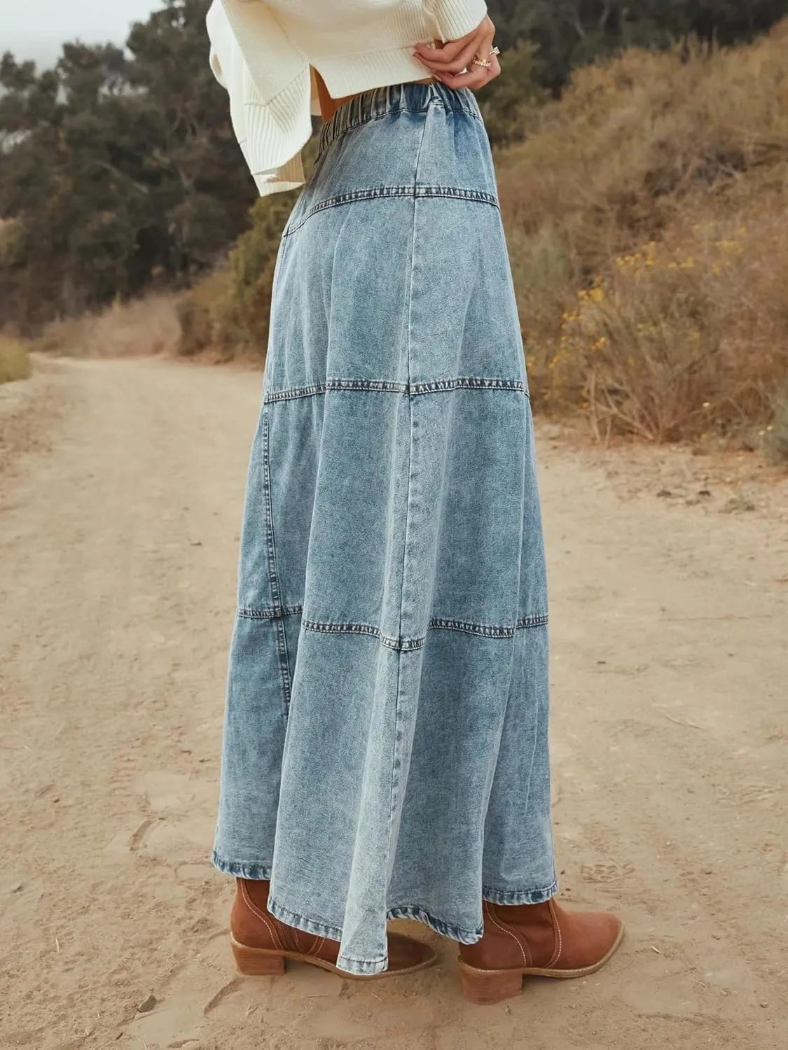 yoeasy Women's Denim Maxi Skirt Button Casual Boho Flowy Tiered Swing Vintage A-Line Jean Midi Long Skirt