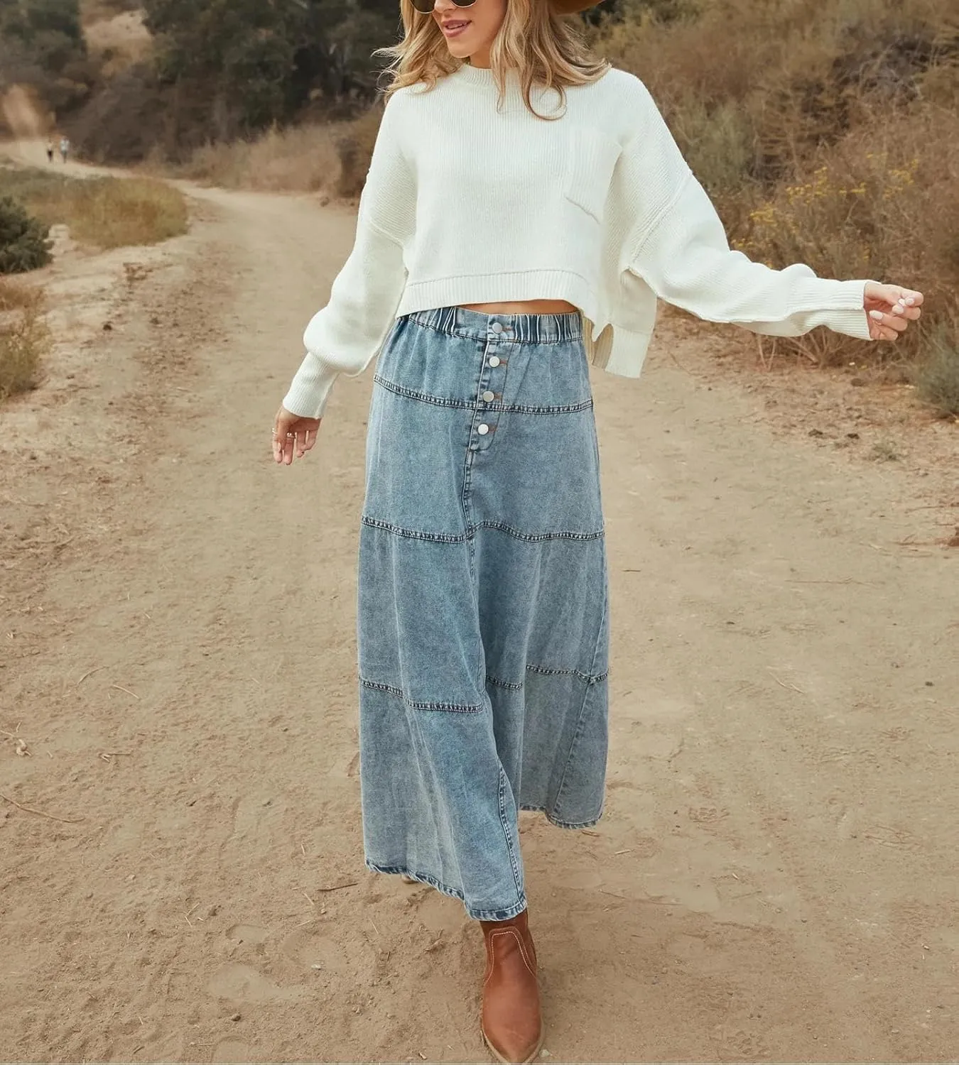 yoeasy Women's Denim Maxi Skirt Button Casual Boho Flowy Tiered Swing Vintage A-Line Jean Midi Long Skirt