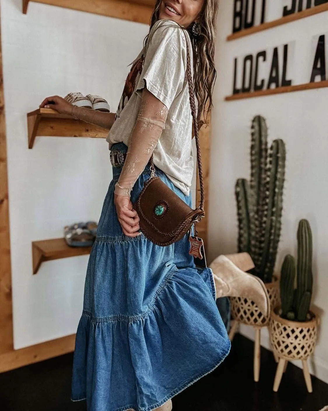 yoeasy Women's High Waist Denim Maxi Skirt Button Boho Flowy Pleated Tiered Ruffle Swing A-Line Jean Long Skirt