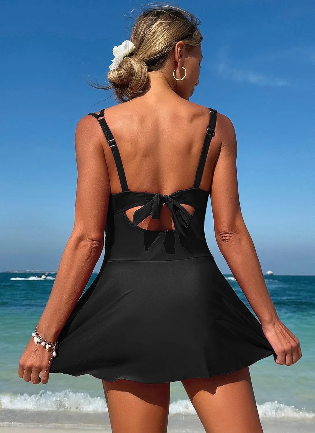 ZAFUL One Piece Swimsuit for Women Swim Dress Scallop Tummy Control Bathing Suit Tie Knot Swimdresses Skirt Modest Swimwear