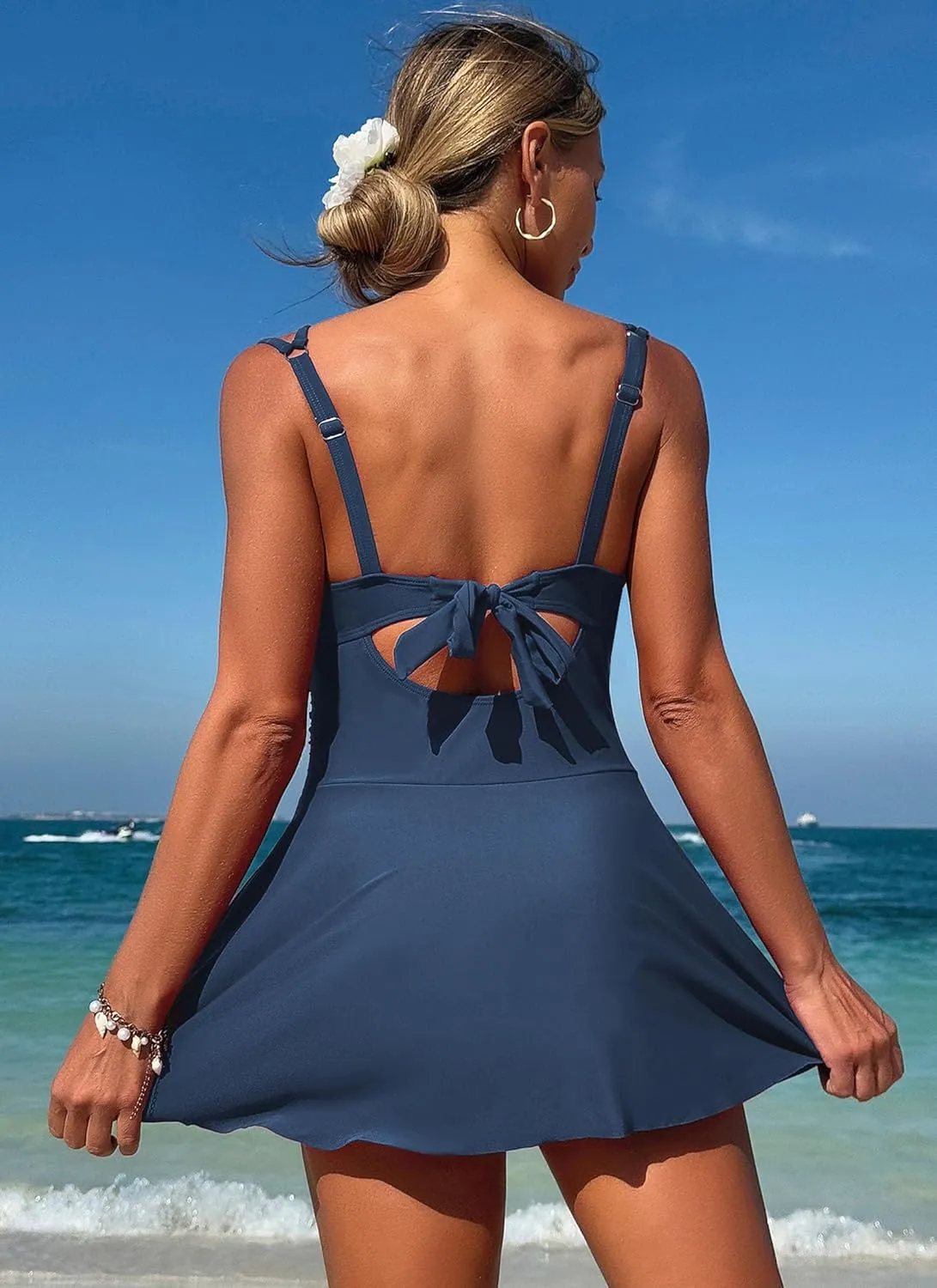 ZAFUL One Piece Swimsuit for Women Swim Dress Scallop Tummy Control Bathing Suit Tie Knot Swimdresses Skirt Modest Swimwear