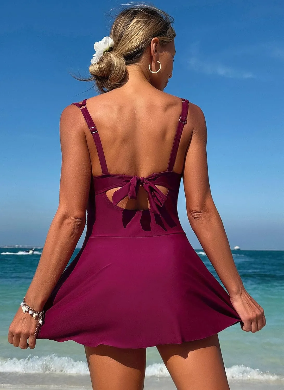 ZAFUL One Piece Swimsuit for Women Swim Dress Scallop Tummy Control Bathing Suit Tie Knot Swimdresses Skirt Modest Swimwear