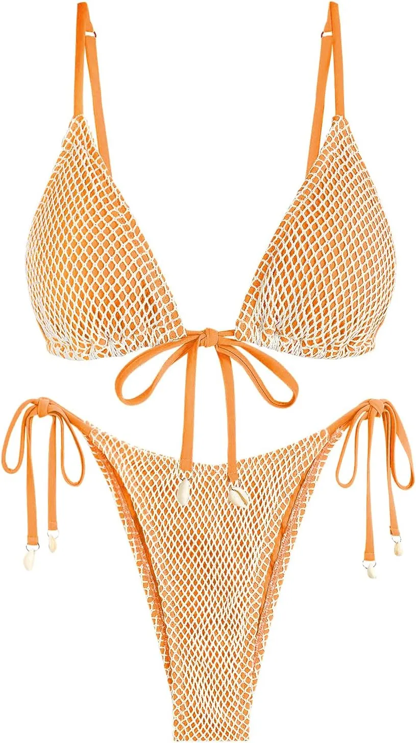 ZAFUL Women Triangle String Two Piece Bikini Fishnet Mesh Tie Shell Decor Tanga 2 Piece Swimsuit