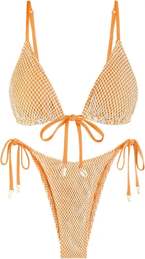 ZAFUL Women Triangle String Two Piece Bikini Fishnet Mesh Tie Shell Decor Tanga 2 Piece Swimsuit