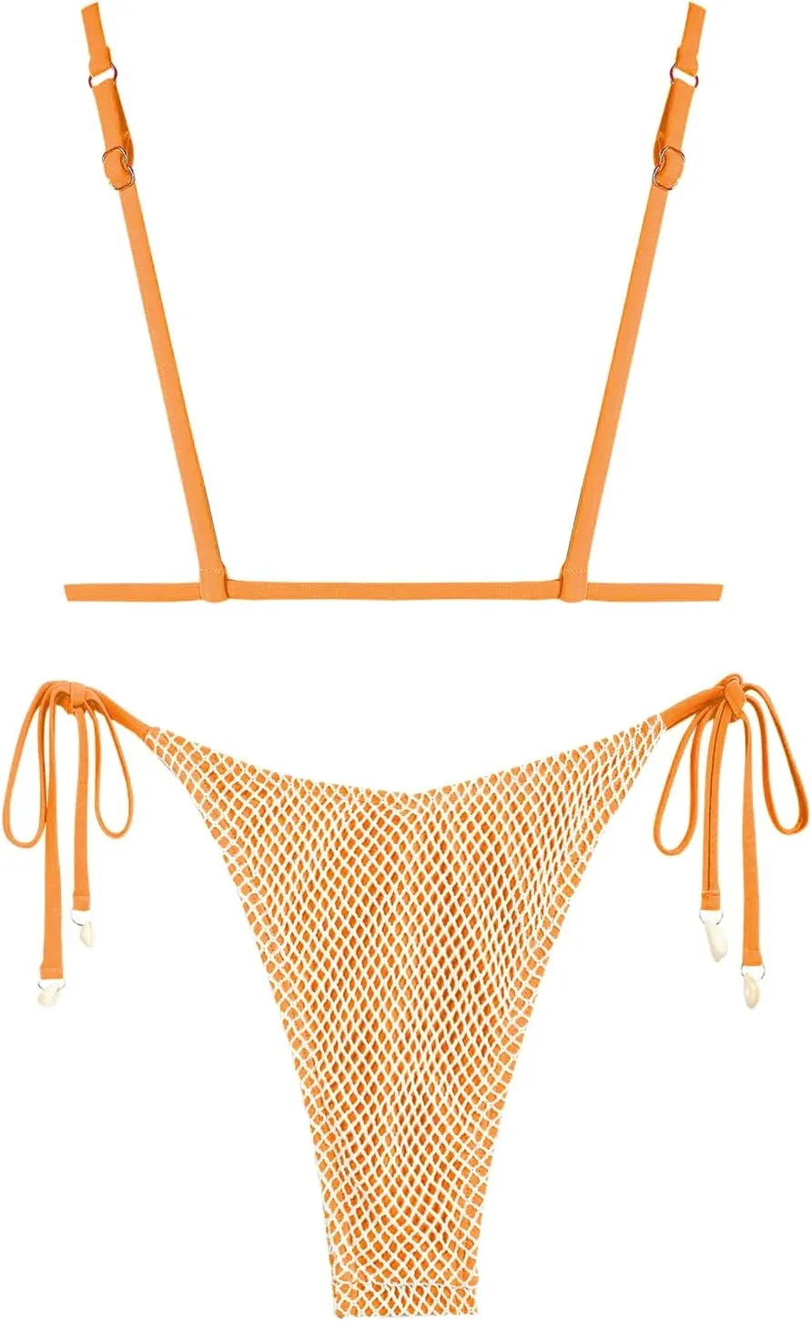 ZAFUL Women Triangle String Two Piece Bikini Fishnet Mesh Tie Shell Decor Tanga 2 Piece Swimsuit