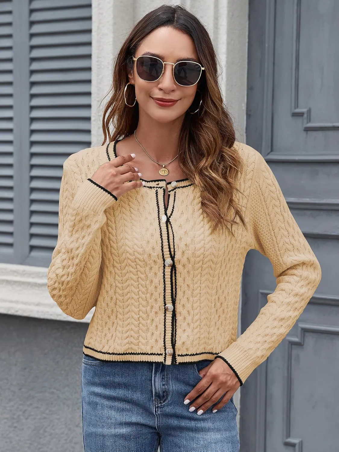 ZAFUL Womens Cable Knit Cropped Cardigan Sweater Button Down Long Sleeve Open Front 2024 Fall Trendy Jackets Outerwear
