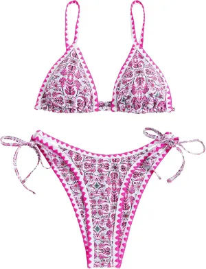 ZAFUL Women's Swimsuits Boho Floral Print String Thong Bikini Set Sexy High Cut Swimwear Bathing Suit