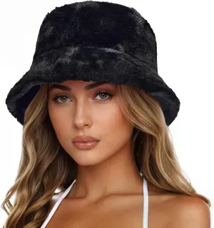 Zando Fuzzy Winter Warm Faux Fur Bucket Hat - Cute Soft Fluffy Rave Fisherman Cap