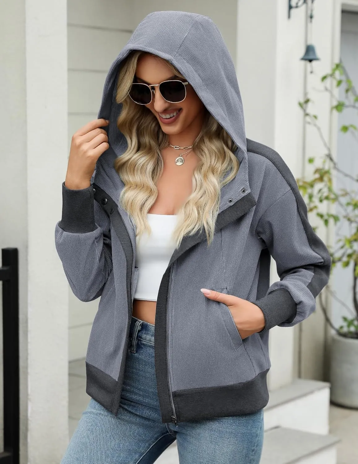 Zeagoo Womens Corduroy Knit Hoodies Zip Up Shirt Jacket Slouchy Short Jackets Casual Long Sleeve Shackets