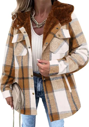 Zeagoo Womens Plaid Shacket Jacket Long Sleeve Button Down Fleece Hooded Jackets Warm Coat