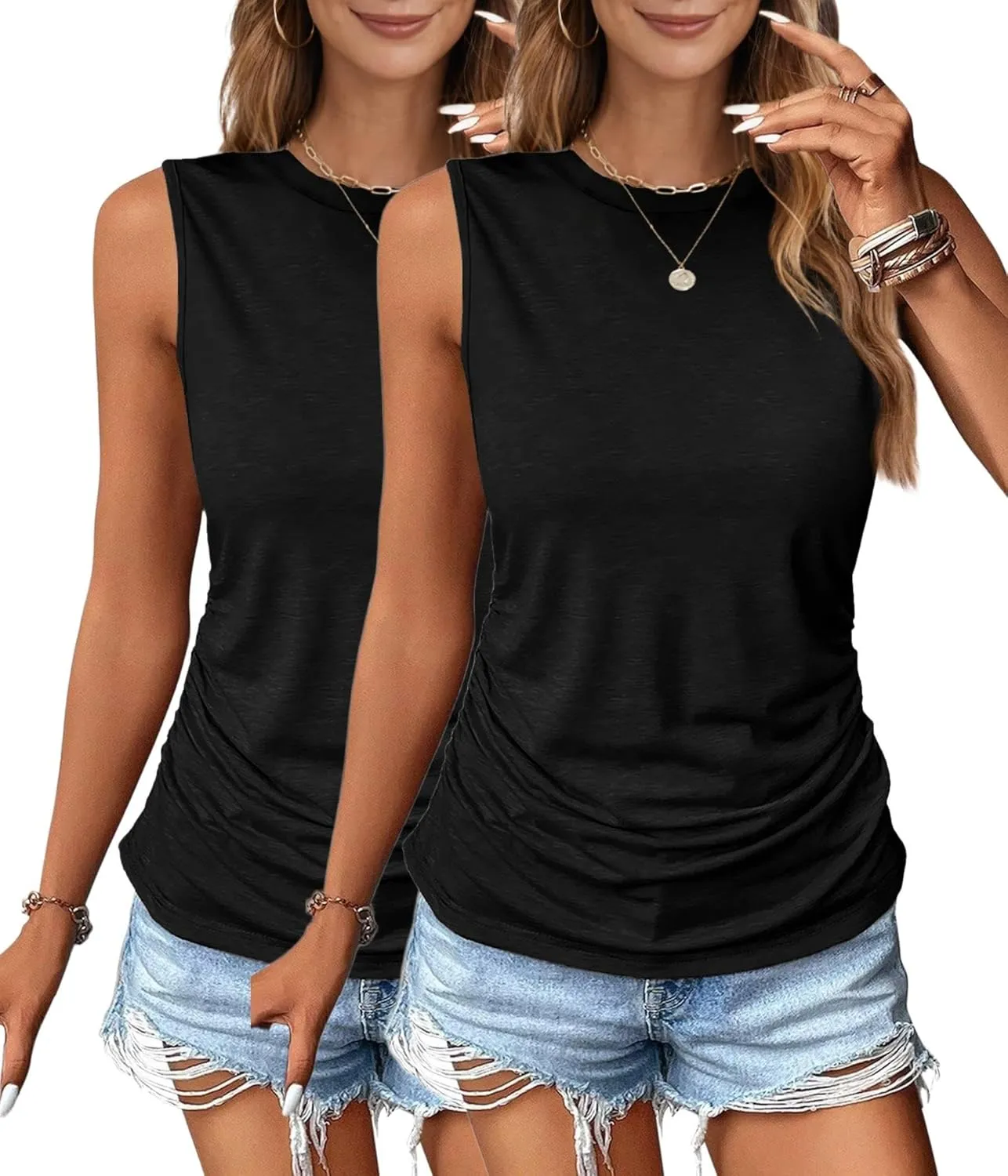 Zeagoo Womens Ruched Tank Tops Summer Dressy Casual Crewneck Sleeveless Shirts S-XXL
