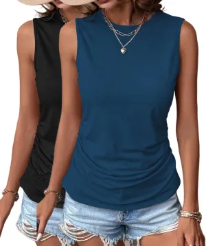 Zeagoo Womens Ruched Tank Tops Summer Dressy Casual Crewneck Sleeveless Shirts S-XXL