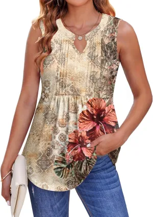 Zeagoo Womens Summer Tank Tops Pleated V Neck Floral Solid Loose Fit Tops Casual Flowy Sleeveless Tunic Shirts 2025 Clothes