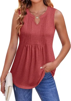 Zeagoo Womens Summer Tank Tops Pleated V Neck Floral Solid Loose Fit Tops Casual Flowy Sleeveless Tunic Shirts 2025 Clothes