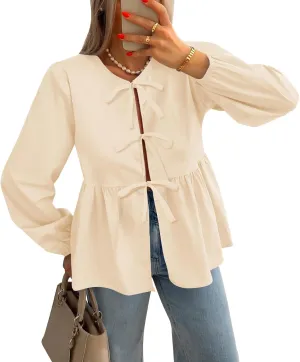 ZESICA Womens Tops Tie Front Long Puff Sleeve Button Peplum Babydoll Cute Shirts Spring Fashion Blouses
