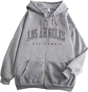 Zip Up Hoodies Women Vintage Oversized Jackets Los Angeles Printed Swaetshirts with Pockets Casual Style Y2K Streetwear