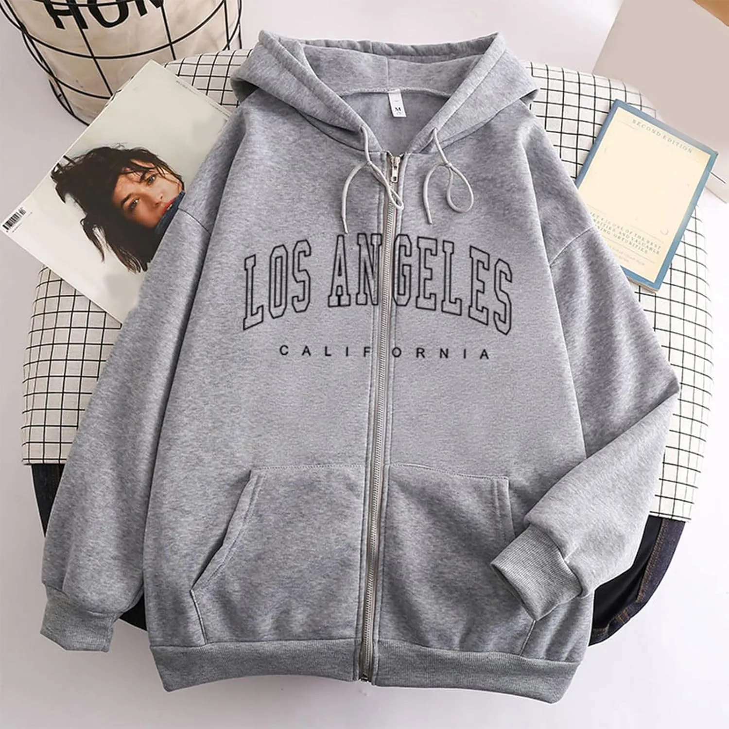 Zip Up Hoodies Women Vintage Oversized Jackets Los Angeles Printed Swaetshirts with Pockets Casual Style Y2K Streetwear